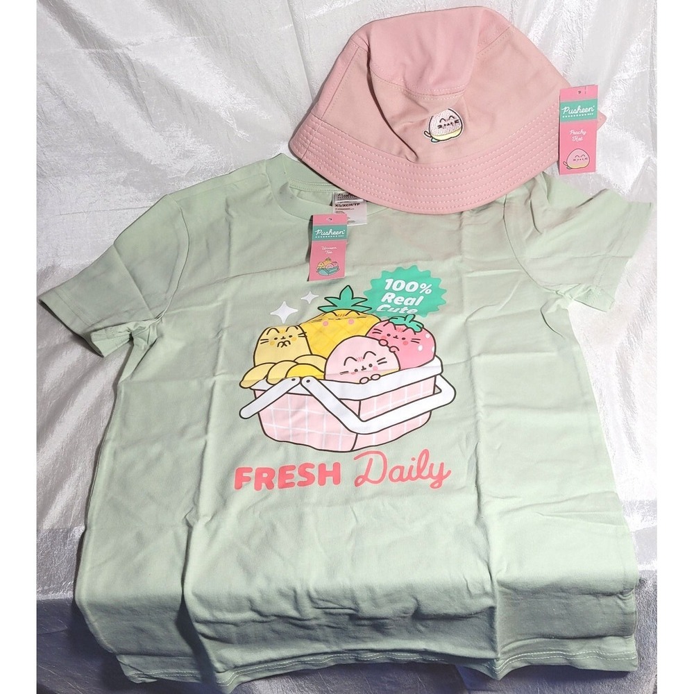 Pusheen Box Exclusive 2024 CultureFly Green Fruit T-Shirt XS & Peach Bucket Hat